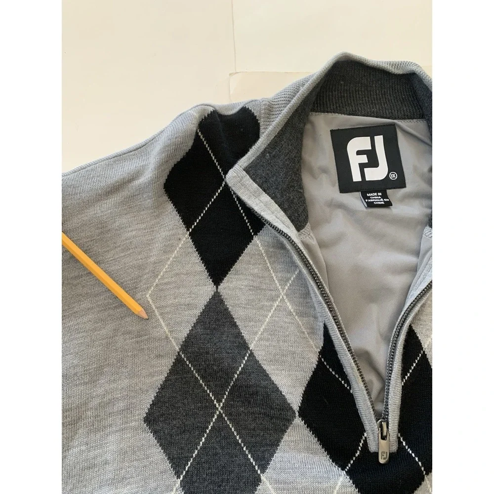 Footjoy Quarter Zip Golf Sweater Mens XXL Gray Black Argyle 100% Wool Logo Lined